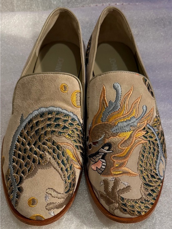 Johnny Was Shoes - Johnny Was Taupe Suede Loafers with Gold & Gray Embroidery